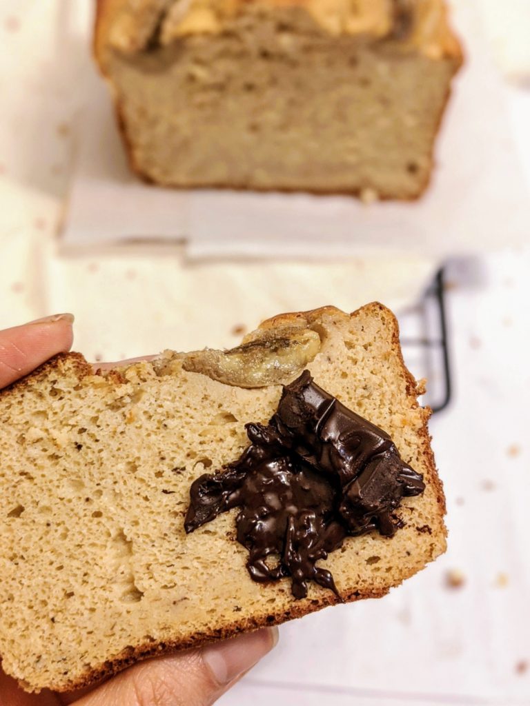 Enjoy this super healthy low calorie banana bread with some peanut butter, melted chocolate (stevia sweetened) or some butter if you're feeling like it.