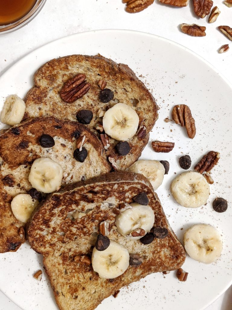 An easy french toast recipe without milk and sugar, and cooked in only a tiny bit of butter for a crispy edge, so its low calorie and low fat too!