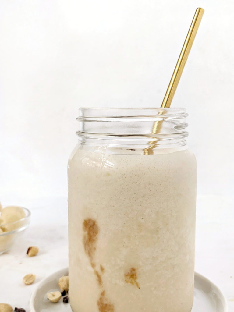 A delicious and nutritious Peanut Butter Cauliflower Protein Smoothie with no banana! Made with frozen cauliflower, zucchini and protein powder, this low carb and sugar free treat is perfect for a breakfast on-the-go or after a sweaty workout!