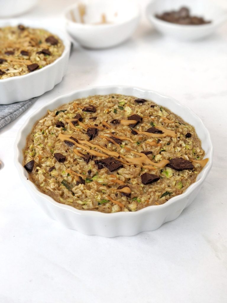 A single serve Peanut Butter Zucchini Baked Oatmeal that tastes like zucchini bread just out of the oven! With whole grain, good fats and sneaky veggies, this healthy baked oatmeal is a nutritious yet delicious breakfast. A great vegan freezer friendly and meal prep recipe too!