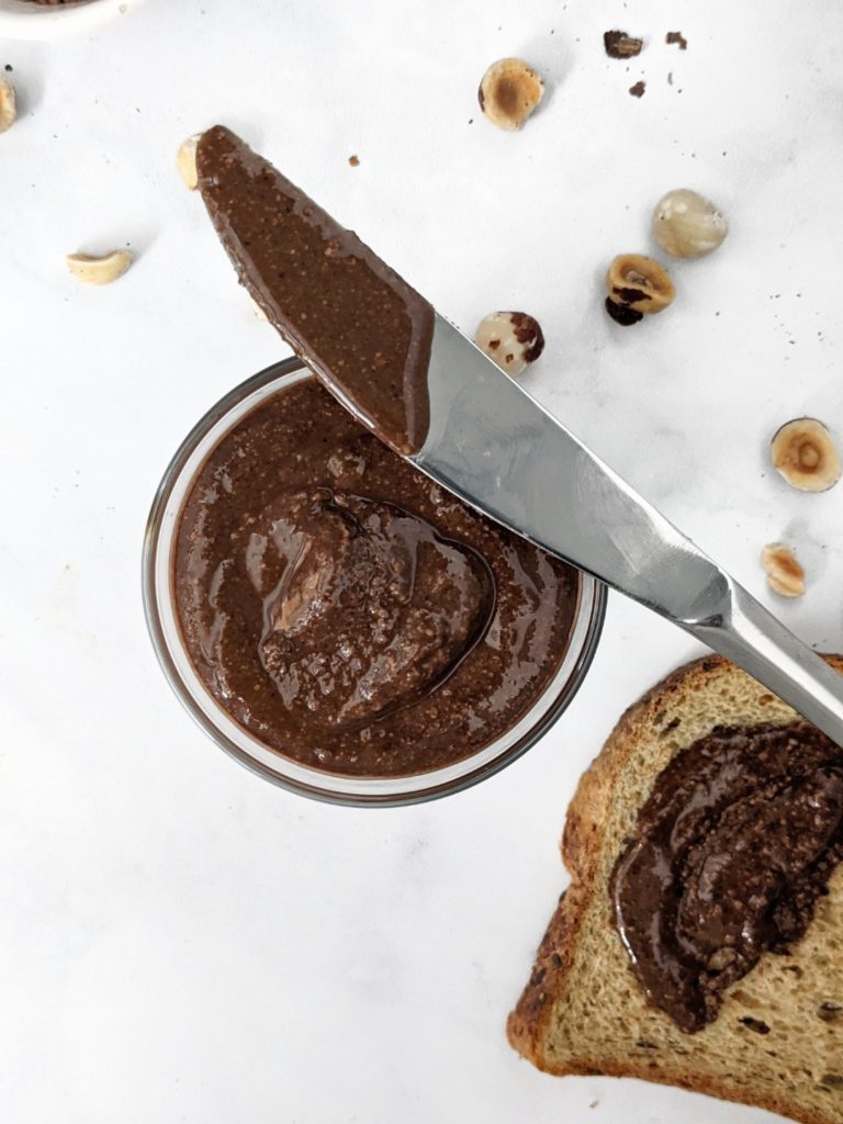 A smooth and creamy homemade Sugar-free Nutella made with raw cacao powder and sweetened with stevia. With the natural oils of roasted hazelnuts and no added oil or sugar, this healthy Nutella makes the perfect low carb spread. Vegan too!