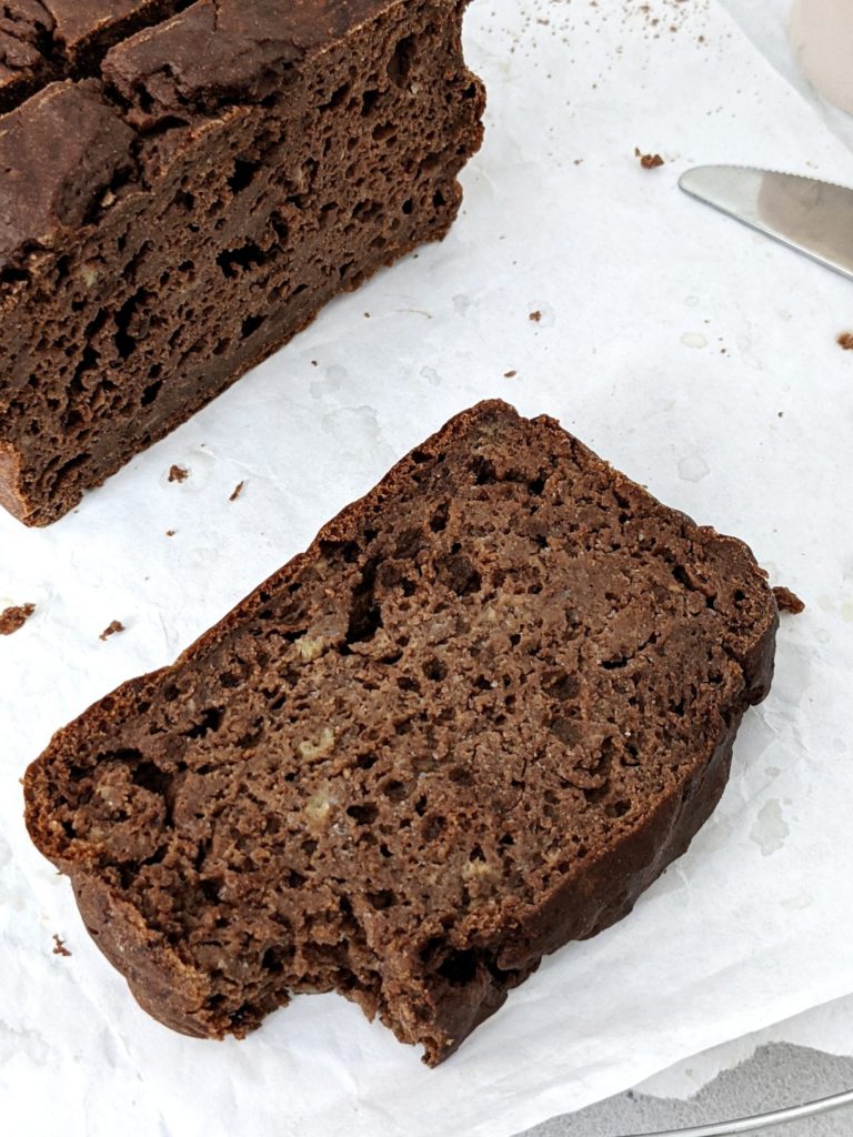 With just 100 calories a slice, this healthy Chocolate Protein Banana Bread is as good as it gets! A fat free and sugar free chocolate banana bread made with whole wheat flour and sweetened with chocolate protein powder. No oil and no sugar added!