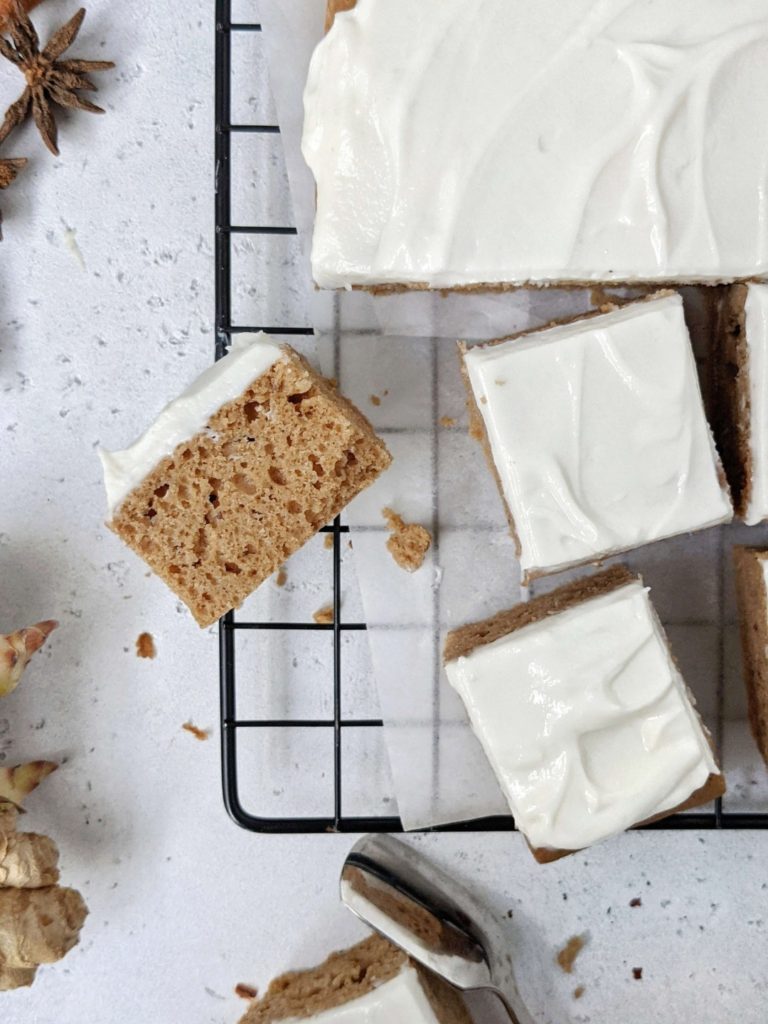 The perfect healthy High Protein Gingerbread Cake topped with a Protein Powder Greek Yogurt Frosting; A sugar free gingerbread cake recipe made with whole wheat flour, unflavored protein powder and no oil. A great healthy ginger dessert for snacking too.