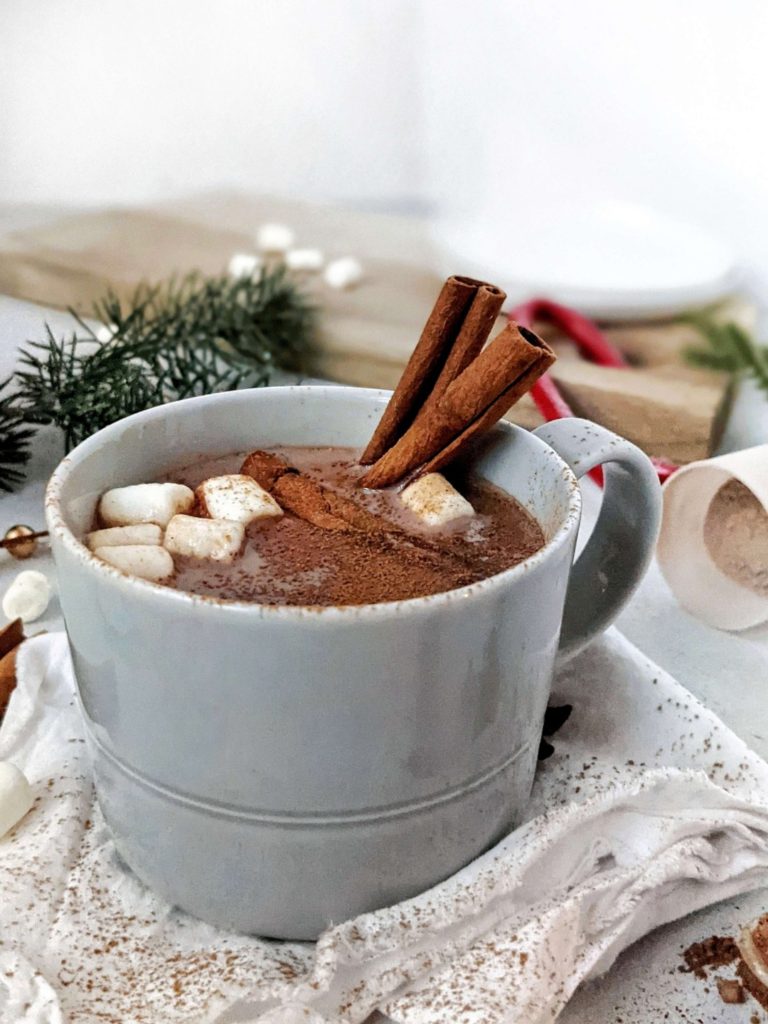 My All-time favorite Protein Mexican Hot Chocolate made with cacao powder and protein powder. This healthy hot chocolate uses almond milk and no chocolate chips, making it Vegan and Dairy free too. The perfect spicy chocolate drink for a cozy night in.