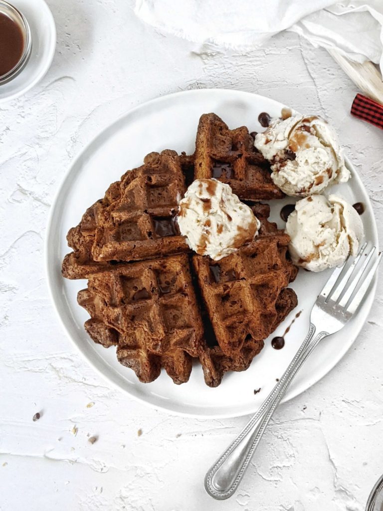 Light, fluffy and simple Whole Wheat Pumpkin Chocolate Waffles made with Cacao Powder and sweetened with Stevia! These healthy pumpkin waffles with all the chocolate and pumpkin spice are freezer friendly and perfect for breakfast or dessert!