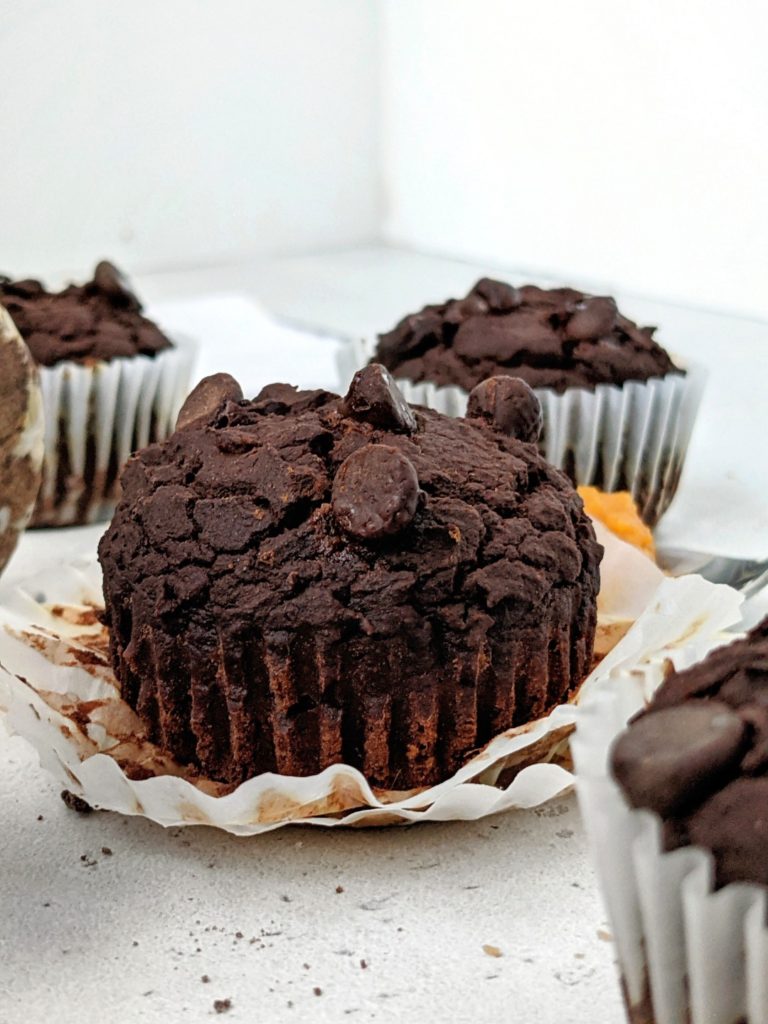 Indulgent Whole Wheat Pumpkin Chocolate Muffins studded with chocolate chips. Moistened with just pumpkin puree and sweetened with sugar-free maple syrup, these healthy chocolate pumpkin muffins are the ultimate oil free and low calorie fall breakfast or dessert!