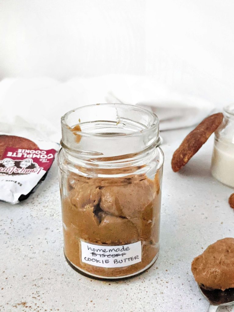 An easy and healthy homemade Cookie Butter with just 3 ingredients! Use any leftover cookies, some almond butter and milk for this low fat cookie butter recipe that’s better than Biscoff and Speculoos spread; No sugar needed, and easily low carb too!