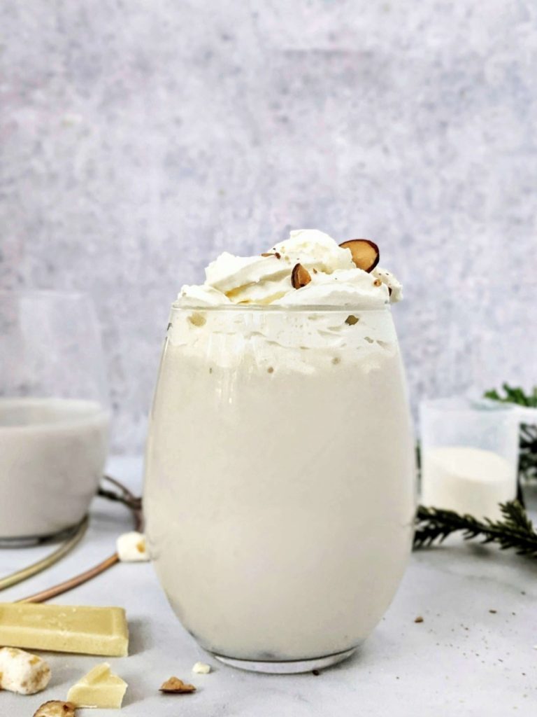 A luscious Homemade White Hot Chocolate made with Protein Powder! This healthy protein white hot chocolate uses vanilla protein powder as well as white chocolate for the perfect creamy texture, with a lot lesser calories!