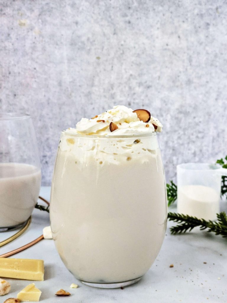 A luscious Homemade White Hot Chocolate made with Protein Powder! This healthy protein white hot chocolate uses vanilla protein powder as well as white chocolate for the perfect creamy texture, with a lot lesser calories!