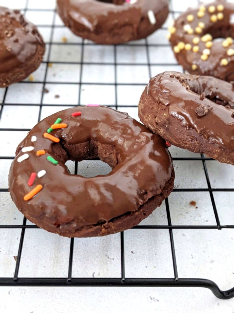 Super easy and healthy Air Fryer Chocolate Donuts made from scratch with no yeast! Soft, fluffy and chocolate glazed, these air fryer cake donuts are perfect for breakfast or dessert. Sugar free, gluten free and Vegan too! 