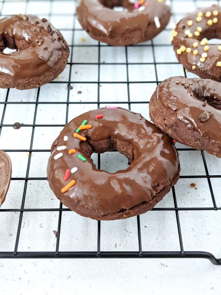 Super easy and healthy Air Fryer Chocolate Donuts made from scratch with no yeast! Soft, fluffy and chocolate glazed, these air fryer cake donuts are perfect for breakfast or dessert. Sugar free, gluten free and Vegan too! 