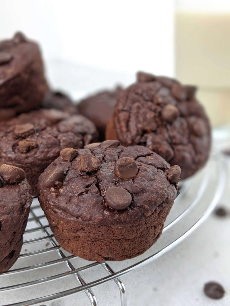 Healthy Chocolate Banana Protein Muffins made with oatmeal and quest chocolate protein powder. These easy flourless chocolate protein muffins are made in a blender and are gluten free and sugar free too!