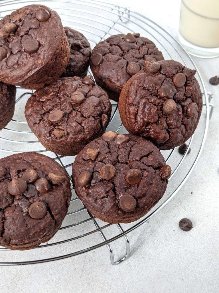 Healthy Chocolate Banana Protein Muffins made with oatmeal and quest chocolate protein powder. These easy flourless chocolate protein muffins are made in a blender and are gluten free and sugar free too!