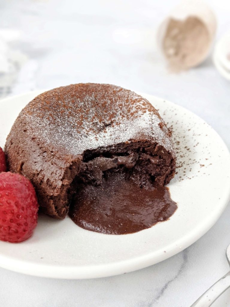 An easy and healthy Protein Chocolate Lava Cake for One made with protein powder and cocoa powder. This protein lava cake is sugar free and has the molten chocolate center with no butter needed - a perfect indulgent dessert!