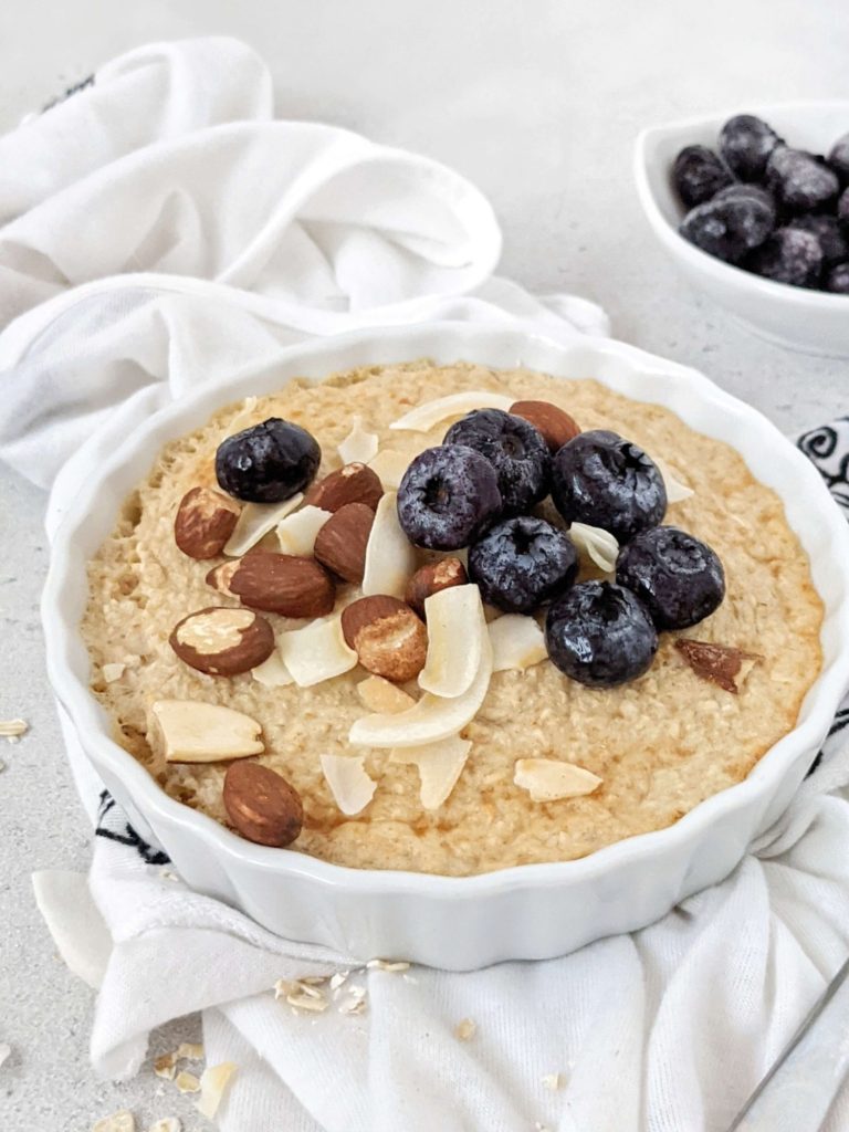 Quick Air Fryer Baked Oatmeal with collagen for extra protein ready in 10 minutes! Made with instant oats and sugar free, this air fryer oatmeal bake is a healthy single serve breakfast with a Vegan option too.