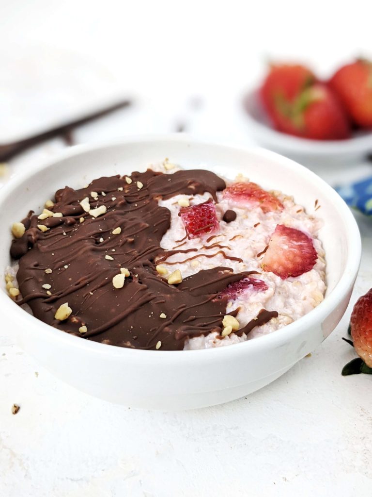 The perfect Chocolate Covered Strawberry Protein Overnight Oats made with strawberry flavored protein powder and coated in a chocolate shell. This protein chocolate strawberry overnight oats has a no yogurt, Vegan and Gluten free breakfast option too!