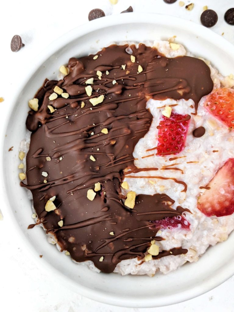 The perfect Chocolate Covered Strawberry Protein Overnight Oats made with strawberry flavored protein powder and coated in a chocolate shell. This protein chocolate strawberry overnight oats has a no yogurt, Vegan and Gluten free breakfast option too!