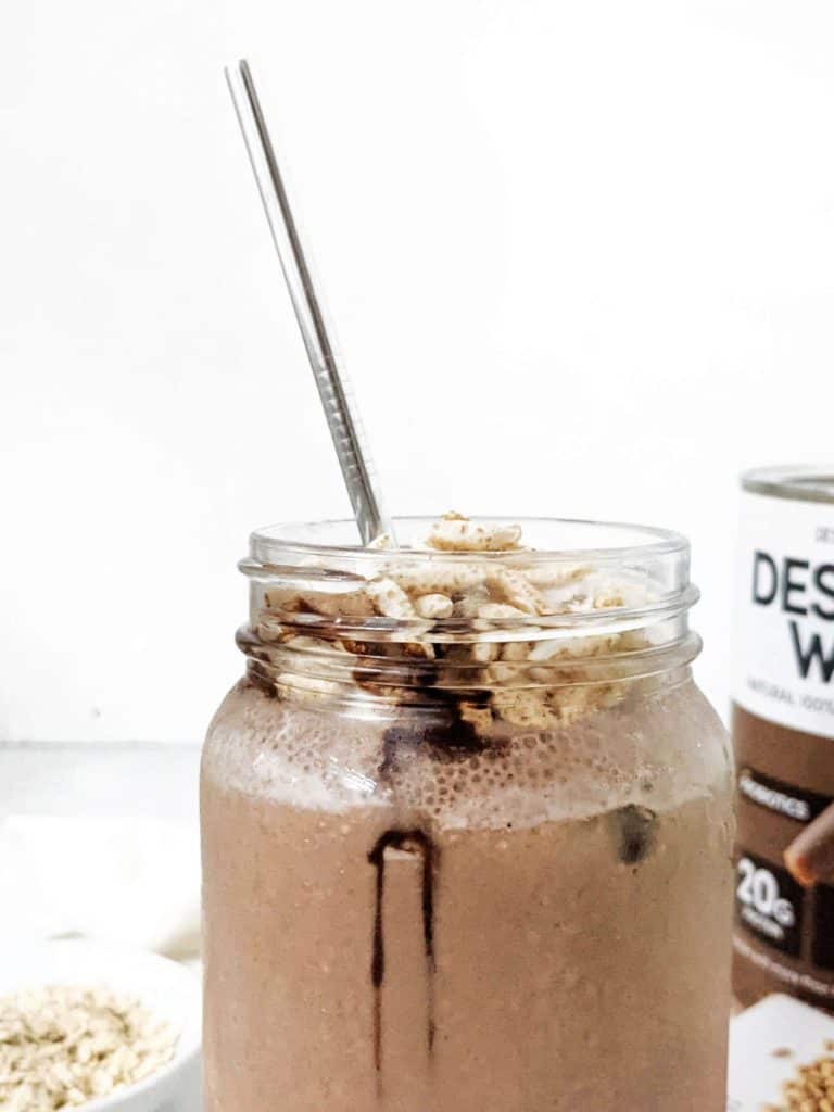 A thick and indulgent Chocolate Oatmeal Protein Smoothie made creamy with rolled oats and no banana! This double chocolate oat protein shake has cocoa powder too and is perfect for hearty and filling breakfast, post workout, or even weight loss.