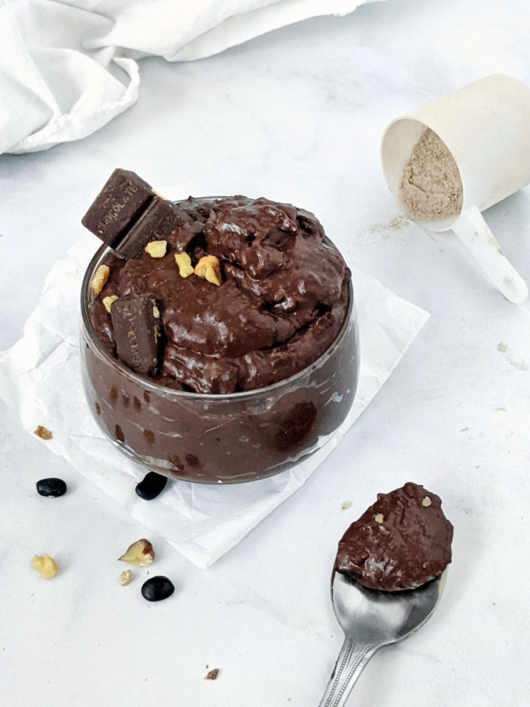 Rich and indulgent edible Protein Brownie Batter made with Black Beans! This healthy brownie batter dip is sweetened with chocolate protein powder and has no sugar; A guilt-free dessert, snack and post workout treat in one!