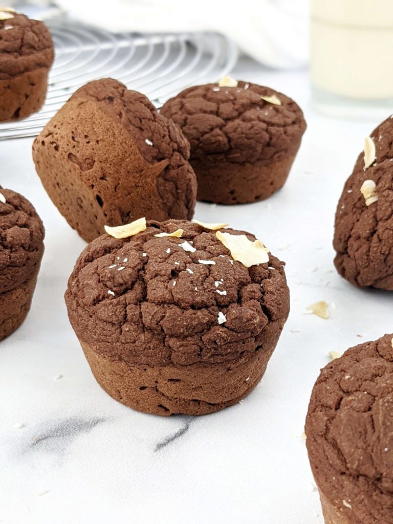 The most amazing Keto Chocolate Protein Muffins made with coconut flour and sweetened with protein powder. With 2.7g net carbs, these easy chocolate protein powder muffins are the perfect low carb high protein muffin recipe!