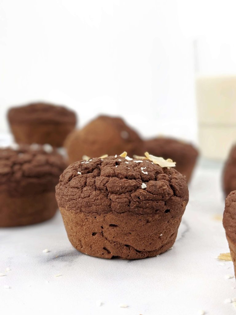 The most amazing Keto Chocolate Protein Muffins made with coconut flour and sweetened with protein powder. With 2.7g net carbs, these easy chocolate protein powder muffins are the perfect low carb high protein muffin recipe!