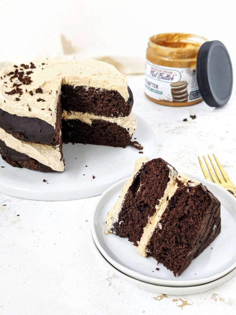 An irresistible Oreo Protein Cake topped with a Peanut Butter frosting for the cookies and cream flavor with a bonus. This simple protein cake uses chocolate protein powder, is sugar-free and has very little butter; Definitely better than other recipes out there!