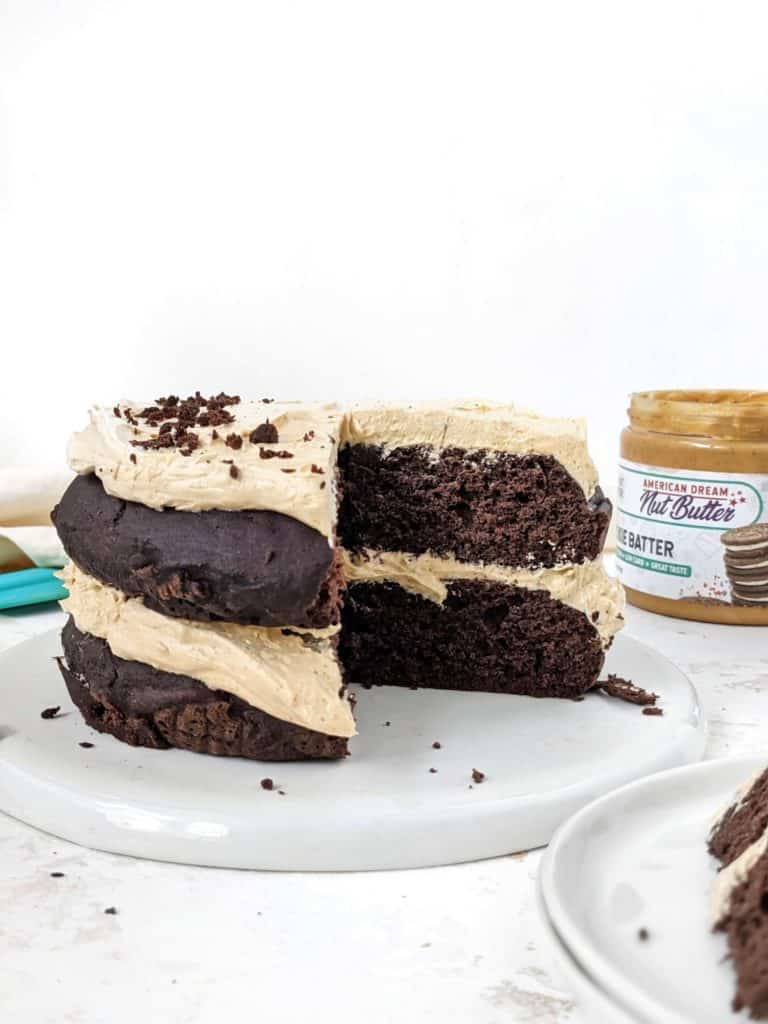 An irresistible Oreo Protein Cake topped with a Peanut Butter frosting for the cookies and cream flavor with a bonus. This simple protein cake uses chocolate protein powder, is sugar-free and has very little butter; Definitely better than other recipes out there!