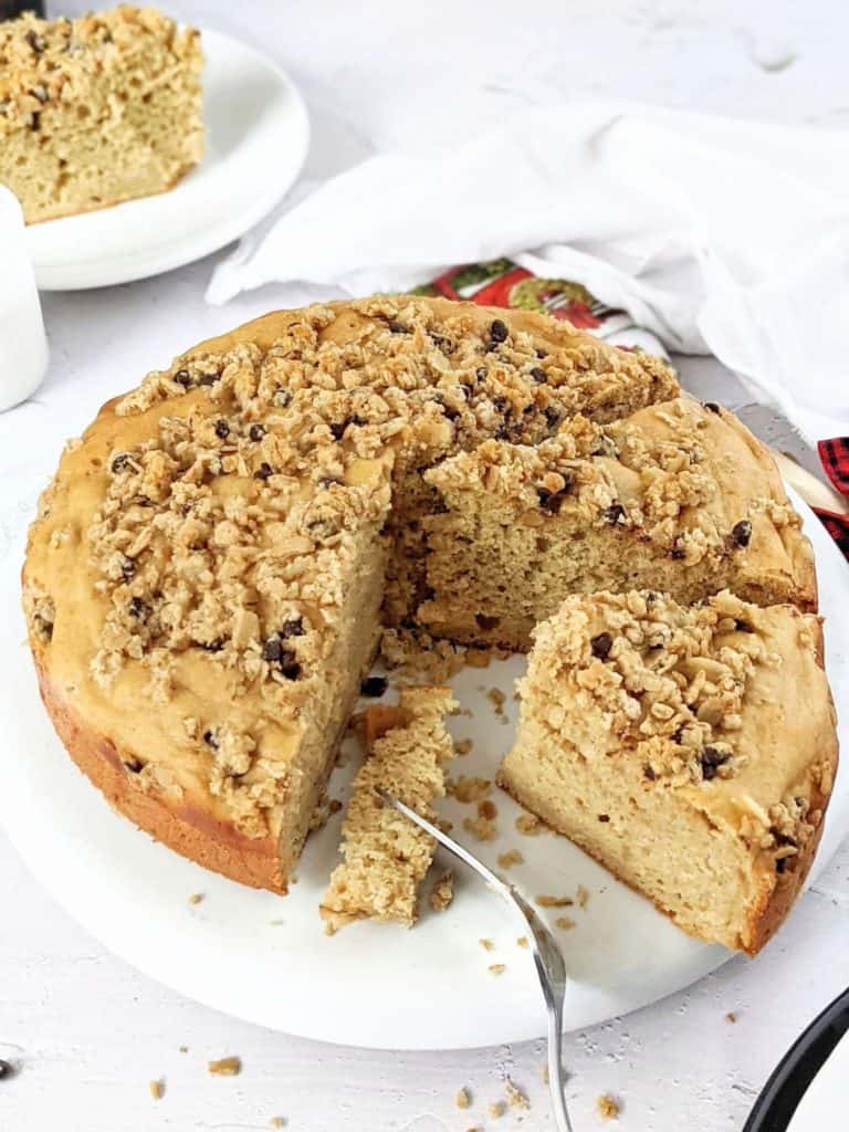 A super easy and simple Vanilla Protein Cake topped with an Oat Streusel - the perfect high protein cake recipe for a birthday or just a dessert. Made with whole wheat flour and vanilla protein powder, this protein cake is healthy and sugar-free too!