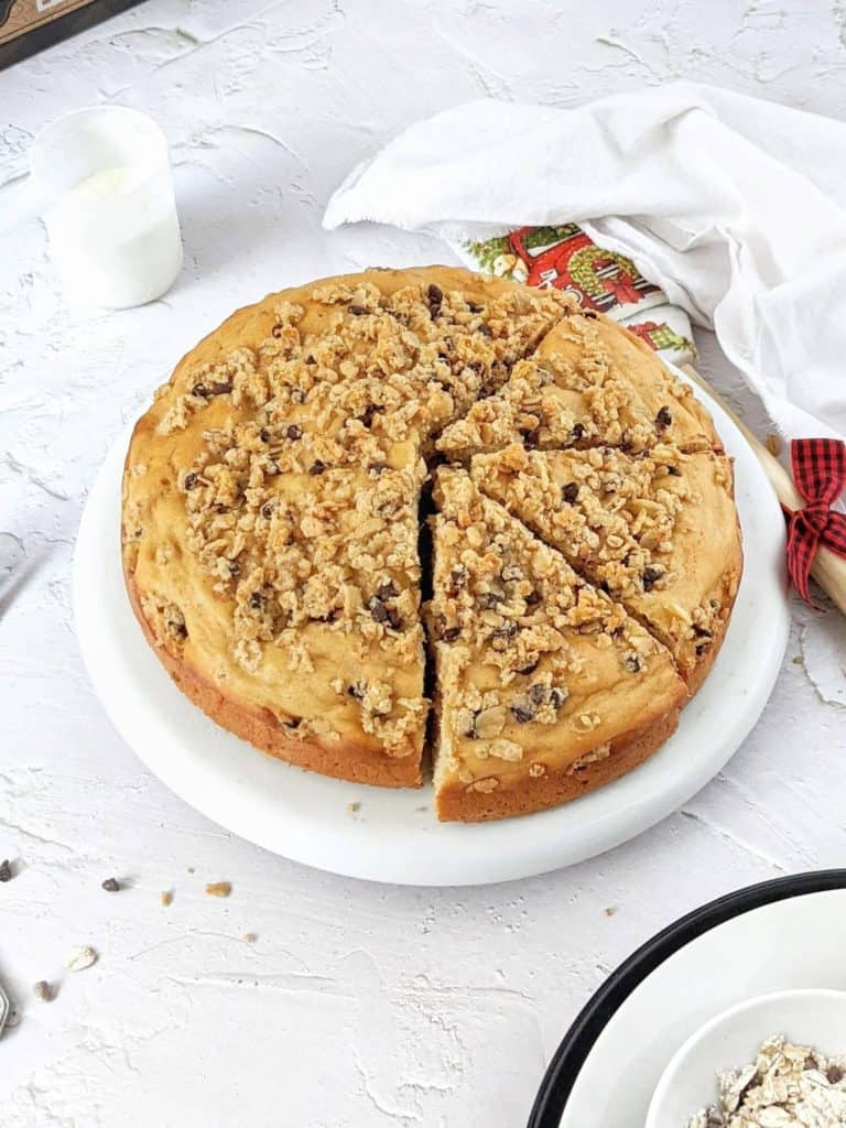 A super easy and simple Vanilla Protein Cake topped with an Oat Streusel - the perfect high protein cake recipe for a birthday or just a dessert. Made with whole wheat flour and vanilla protein powder, this protein cake is healthy and sugar-free too!