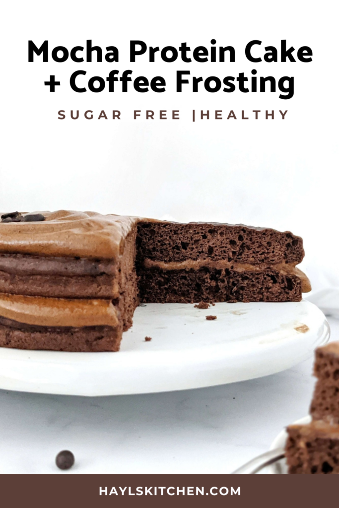 A rich Mocha Protein Cake topped with a Protein Dalgona Coffee Frosting! An easy, healthy and low calorie Chocolate Coffee Protein Cake made with whole wheat, Greek Yogurt and sweetened with protein powder. The perfect protein packed dessert with a caffeine bump and chocolate taste in one!