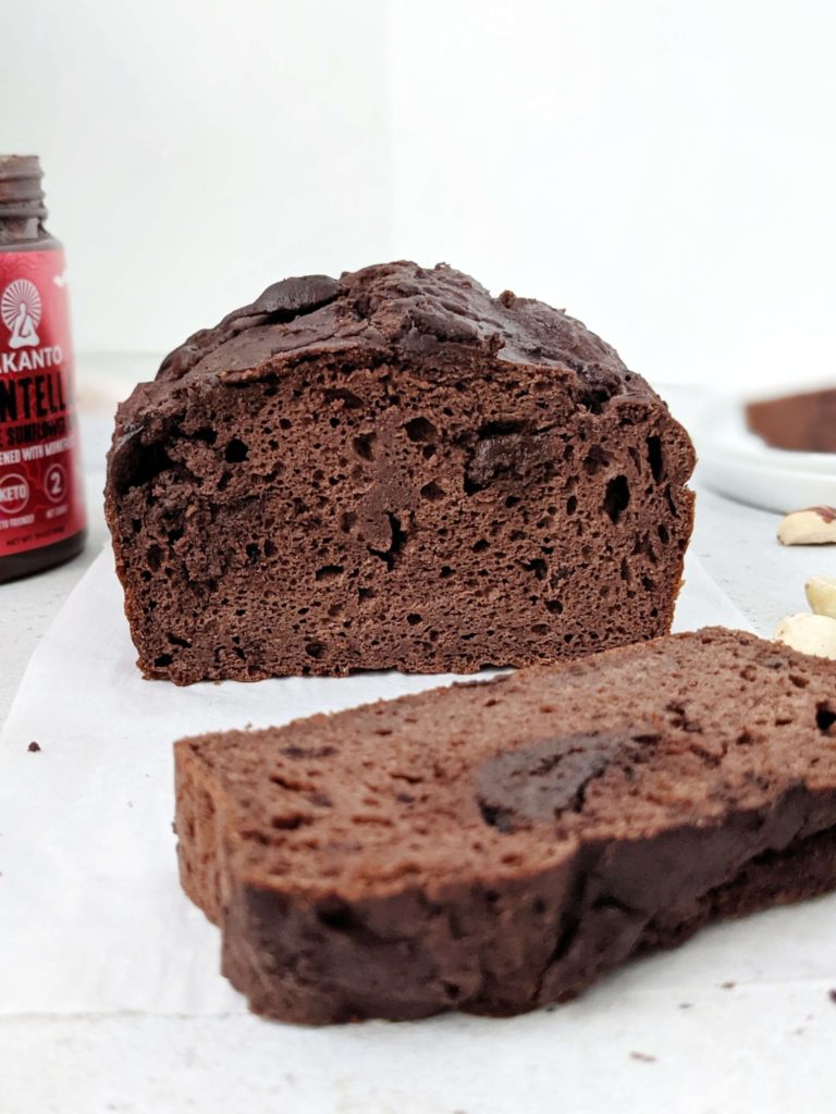 A rich Double Chocolate Protein Loaf swirled with Nutella for an indulgent breakfast quick bread or dessert. High protein chocolate bread uses Greek yogurt, is sweetened with protein powder, has no sugar and no yeast either.