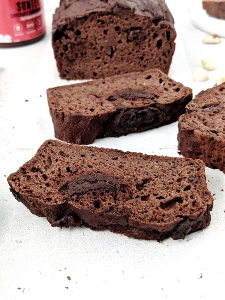 A rich Double Chocolate Protein Loaf swirled with Nutella for an indulgent breakfast quick bread or dessert. High protein chocolate bread uses Greek yogurt, is sweetened with protein powder, has no sugar and no yeast either.