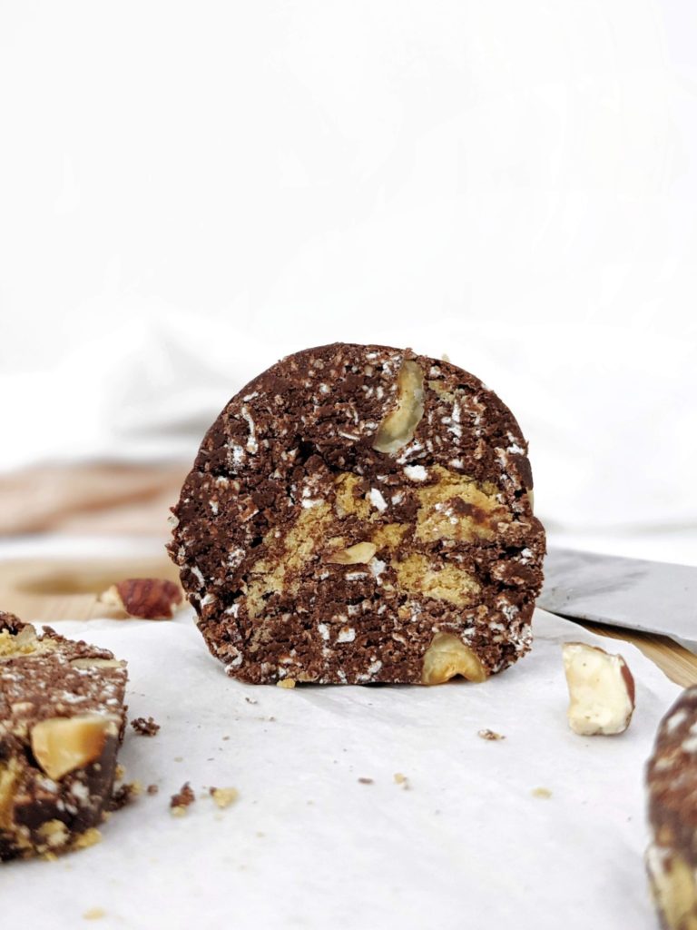 Healthy Chocolate Salami sweetened with protein powder for delicious no bake and sugar free dessert. This Russian chocolate salami spinoff is made with oats and cocoa powder, has no eggs and Vegan too!