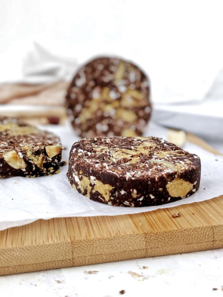 Healthy Chocolate Salami sweetened with protein powder for delicious no bake and sugar free dessert. This Russian chocolate salami spinoff is made with oats and cocoa powder, has no eggs and Vegan too!