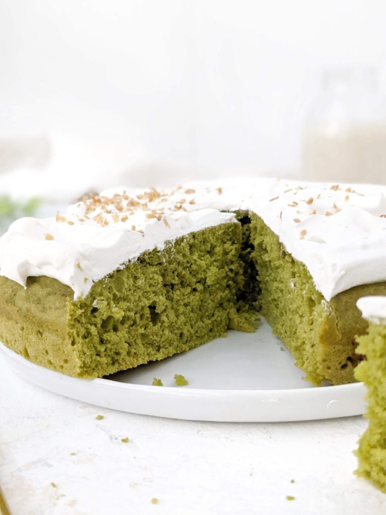 A healthy but still amazing Matcha Protein Cake with Japanese green tea flavor, subtle sweetness and soft sponge cake texture. This healthy matcha cake recipe is sweetened with protein powder, has no sugar and very little butter - the perfect healthy matcha dessert!