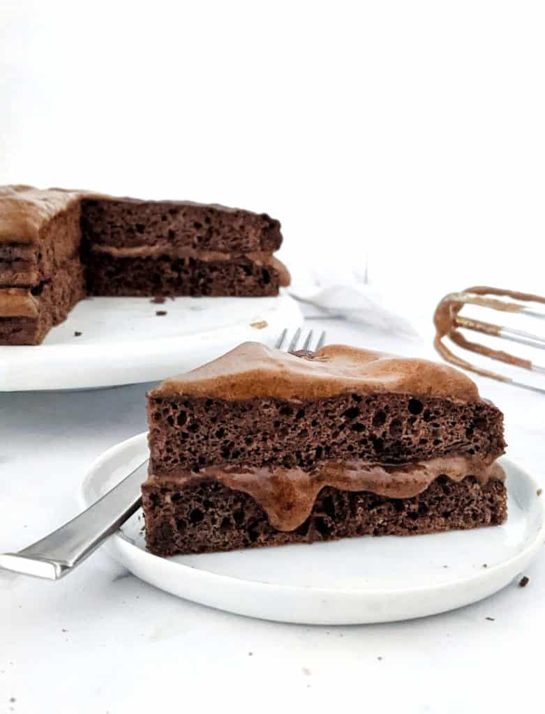 A rich Mocha Protein Cake topped with a Protein Dalgona Coffee Frosting! An easy, healthy and low calorie Chocolate Coffee Protein Cake made with whole wheat, Greek Yogurt and sweetened with protein powder. The perfect protein packed dessert with a caffeine bump and chocolate taste in one!