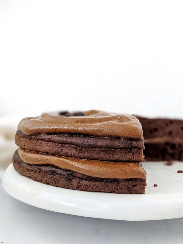 A rich Mocha Protein Cake topped with a Protein Dalgona Coffee Frosting! An easy, healthy and low calorie Chocolate Coffee Protein Cake made with whole wheat, Greek Yogurt and sweetened with protein powder. The perfect protein packed dessert with a caffeine bump and chocolate taste in one!