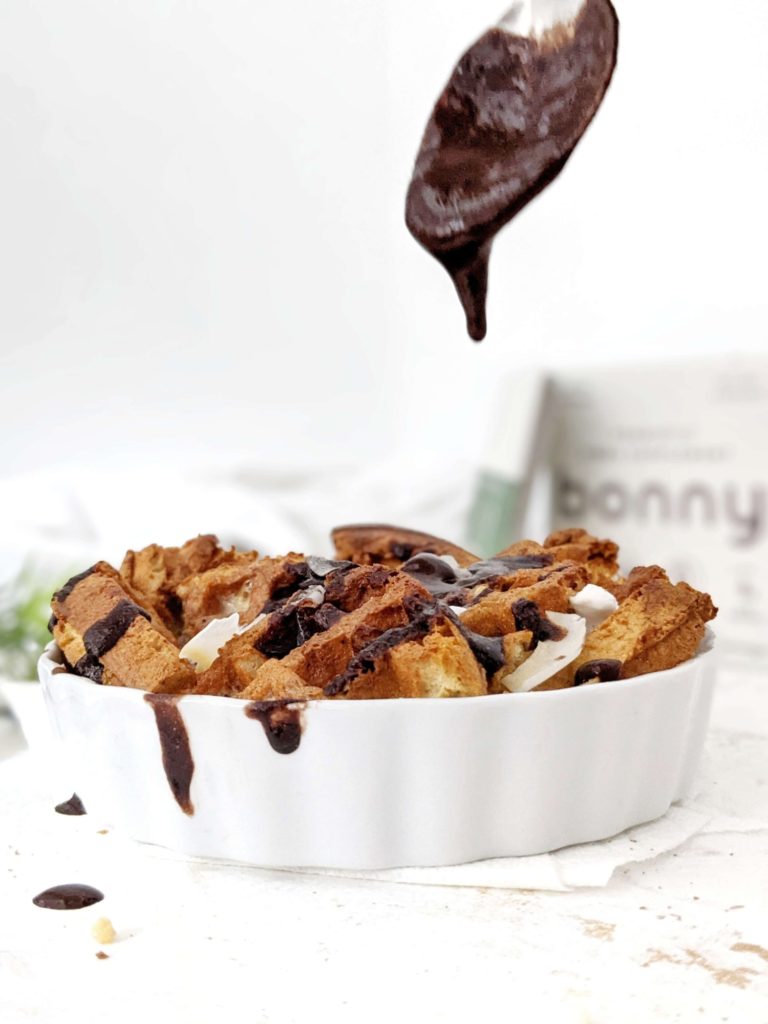 A hacky Protein Waffle Bread Pudding made with toaster waffles; Quick, easy and healthy waffle casserole bake with any leftover waffles and a creamy custard using protein powder and Greek yogurt. A breakfast, dessert or post workout in one!