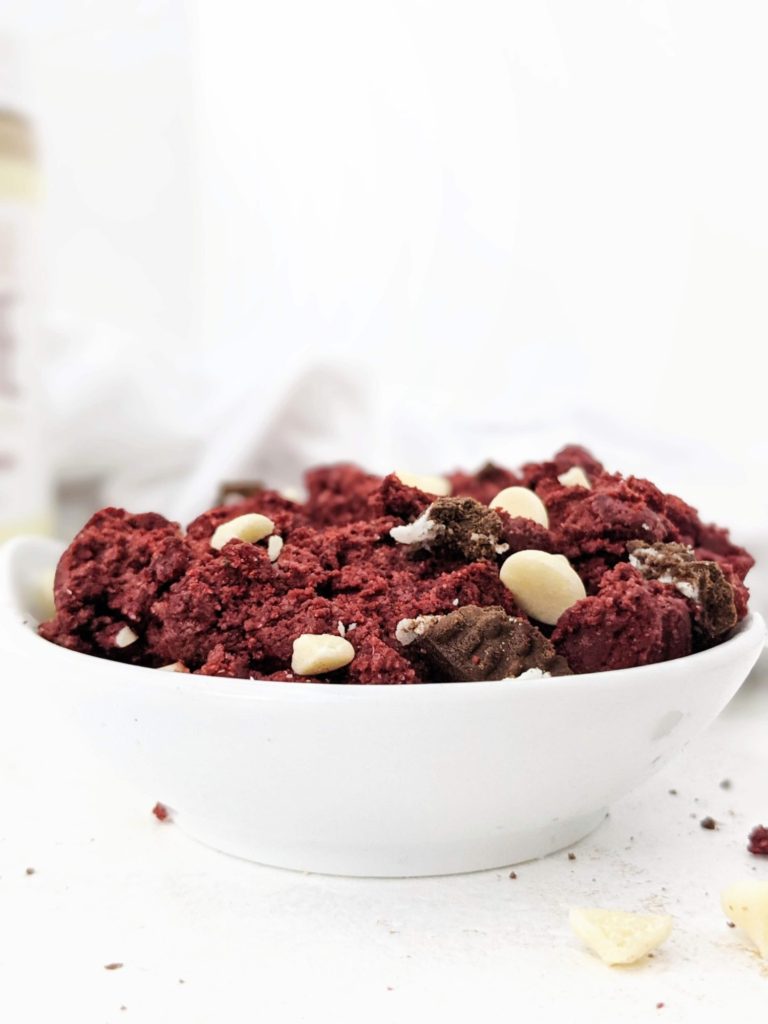 A ridiculously good Protein Red Velvet Cookie Dough that’s sugar free, gluten free, dairy free and Vegan! Edible red velvet cookie dough is sweetened with protein powder and monk fruit and perfect for quick cookie and cake cravings.