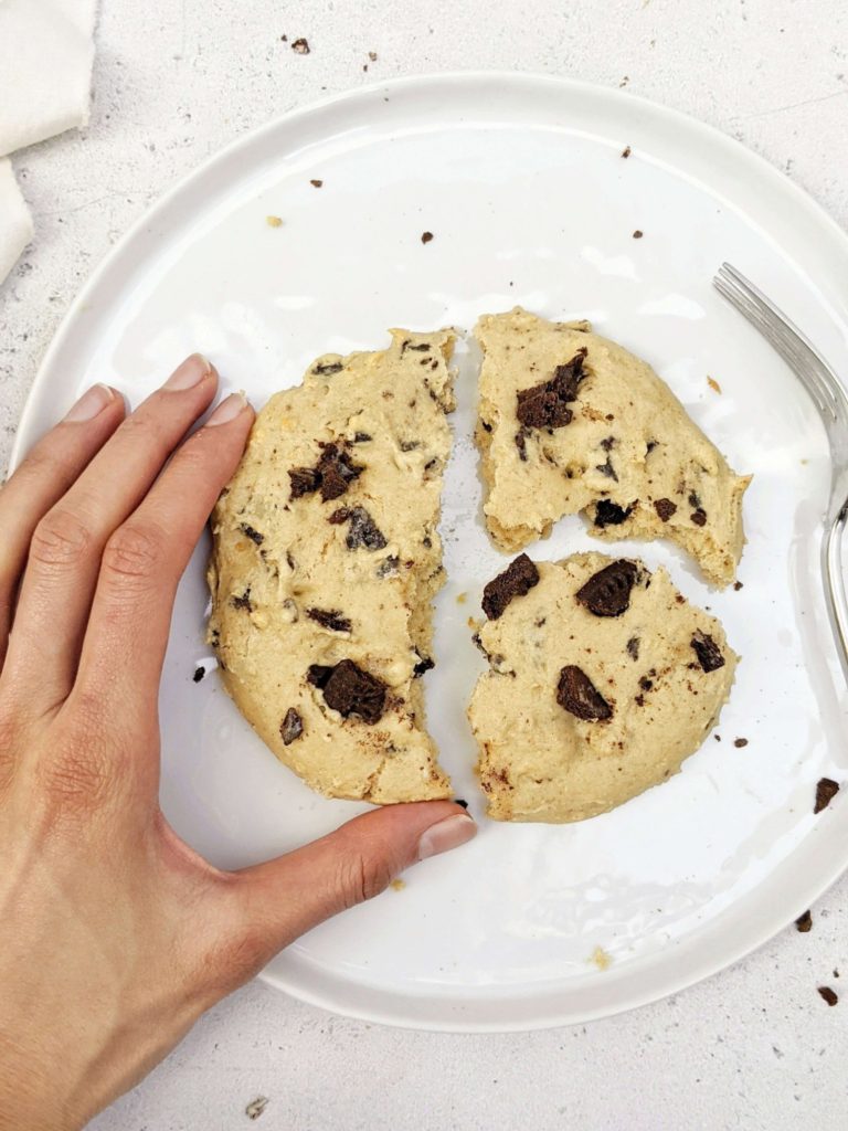 This Cookies and Cream Protein Cookie is like having an ice cream and cookie at once, but still healthy, sugar free and gluten free too! A big single serve Oreo inspired protein cookie sweetened with protein powder!