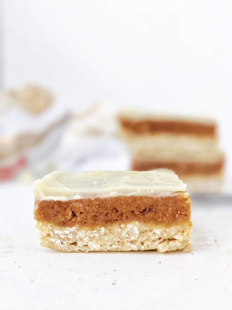 Amazing Healthy Peanut Butter Caramel Slice made with peanut butter powder and protein powder for a high protein, low fat and low calorie recipe. These layered white chocolate peanut butter caramel protein bars are perfect for a vegan, gluten free and sugar free snack, dessert or post workout.