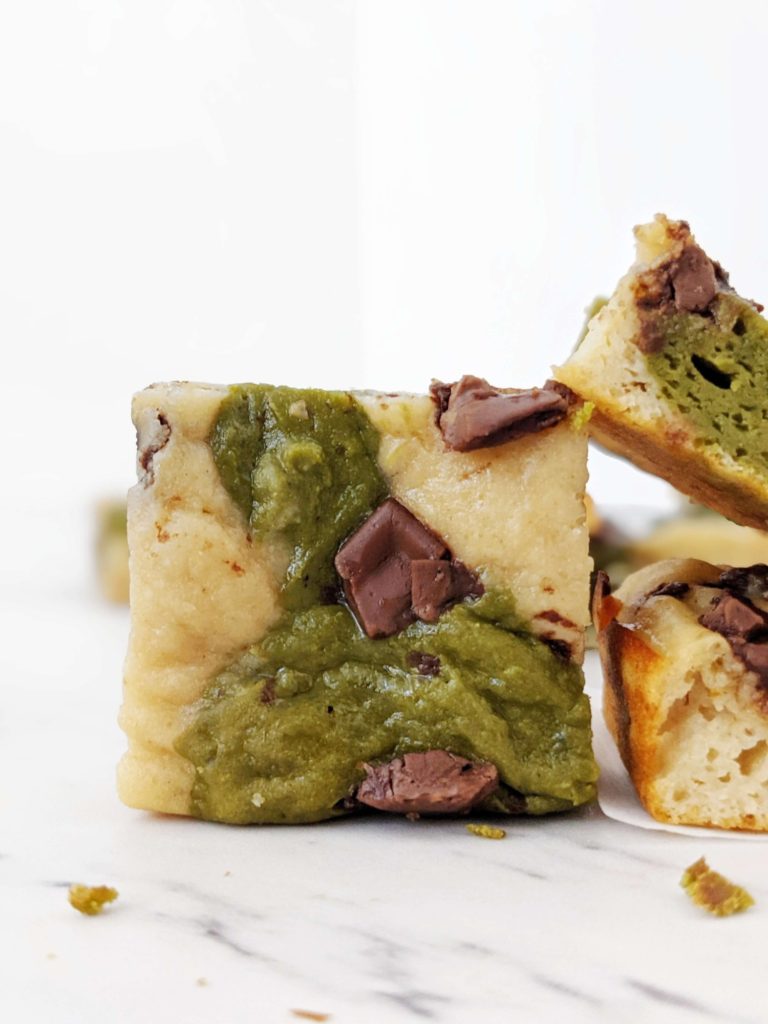 Really healthy Matcha Protein Blondies with the earthy green tea flavor and perfect sweetness for a dessert. These protein powder matcha blondies are without chocolate and have no sugar or butter either!