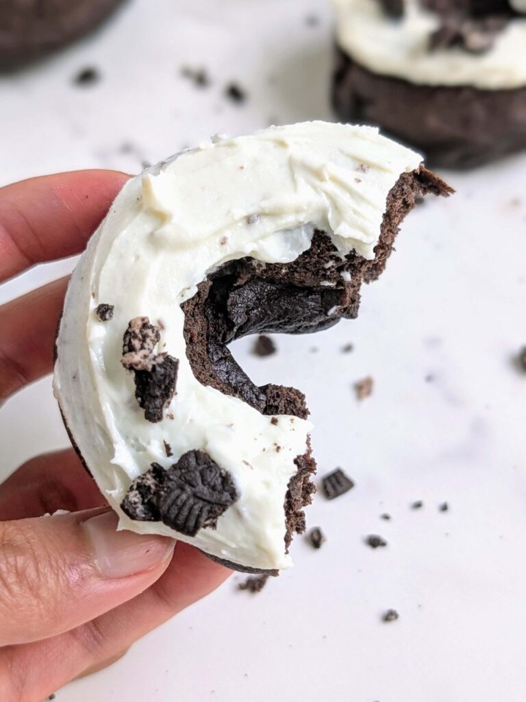 Extremely low calorie and no fat Oreo Protein Donuts with chocolate protein powder, a lot of egg whites, and no oil or butter! These glazed cookies and cream protein donuts have the spot on Oreo flavor and make the best anabolic donuts recipe!