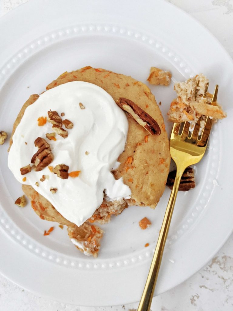 The perfect Single Serve Protein Carrot Cake made in a mug for a healthy and macro friendly dessert! This mini protein carrot mug cake for one uses vanilla and unflavored protein powder as well as sugar free maple syrup!