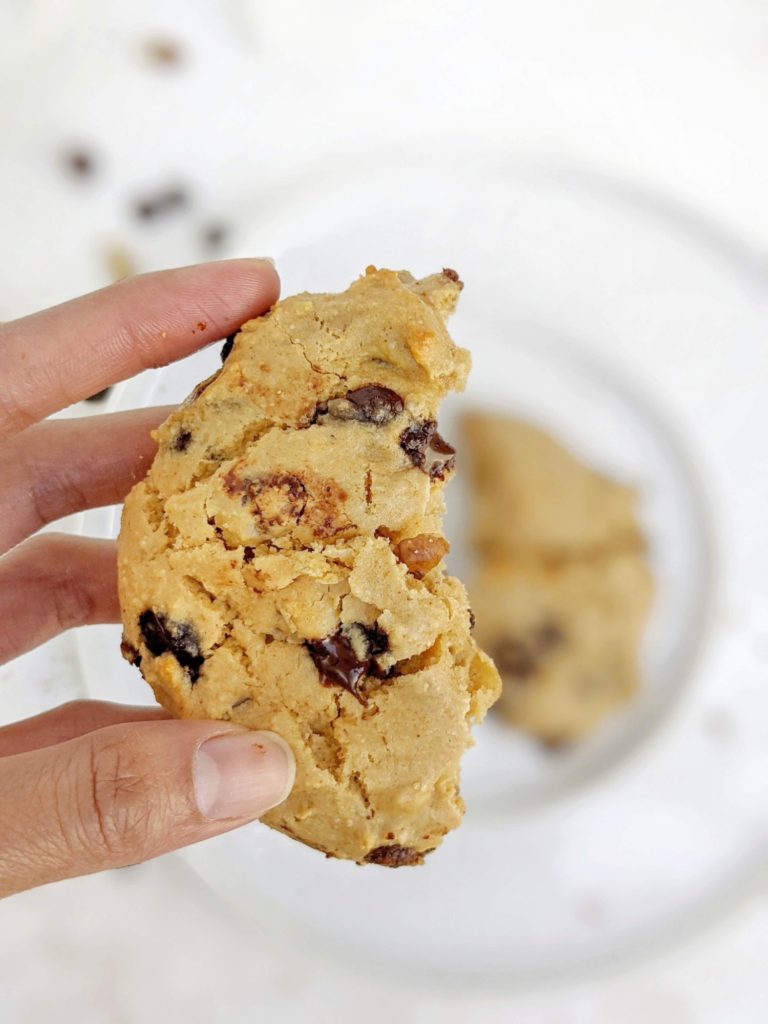 A big single serve Copycat Levain Bakery Protein Cookie made healthy with oat flour, protein powder and no sugar or butter. This homemade Levain inspired cookie recipe is gluten free, sugar free and Vegan too!