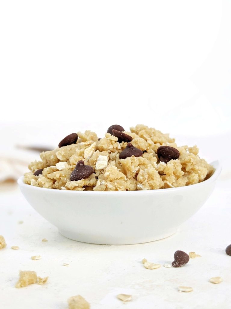 A healthy Edible Protein Oatmeal Cookie Dough made with oat flour and sweetened with protein powder for a gluten free and sugar free dessert. Raw oatmeal protein cookie dough is a single serve recipe and tastes like your favorite oatmeal chocolate chip cookie!