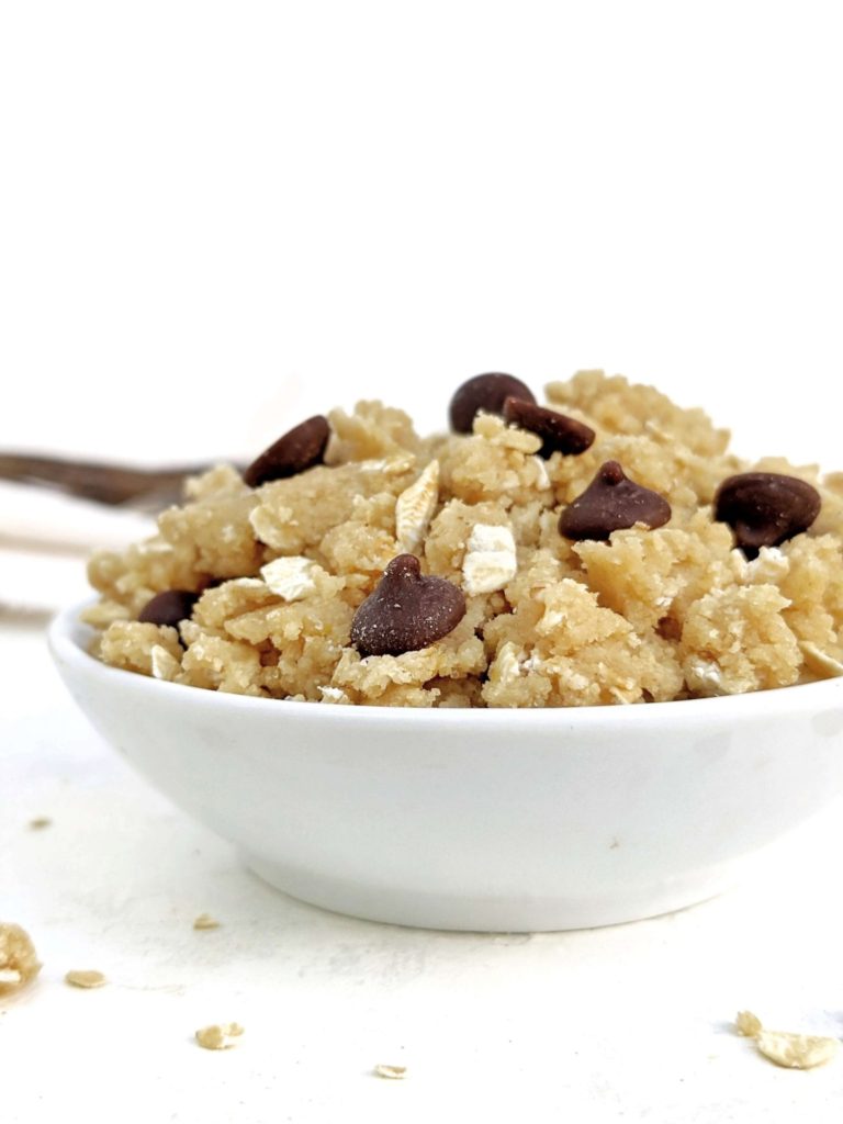 A healthy Edible Protein Oatmeal Cookie Dough made with oat flour and sweetened with protein powder for a gluten free and sugar free dessert. Raw oatmeal protein cookie dough is a single serve recipe and tastes like your favorite oatmeal chocolate chip cookie!