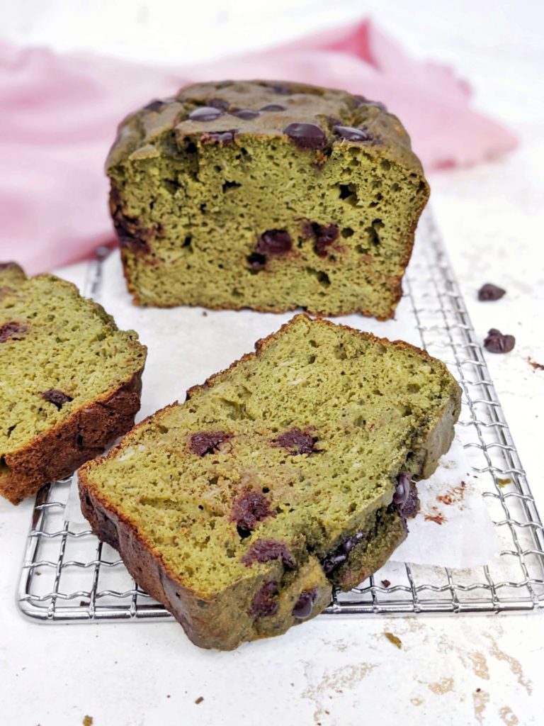 Rich and healthy Matcha Protein Banana Bread perfect for a breakfast, snack, dessert or post-workout treat. Green tea matcha chocolate chip banana bread is made with whole wheat pastry flour, protein powder and Greek Yogurt, and has no sugar, oil or butter either!