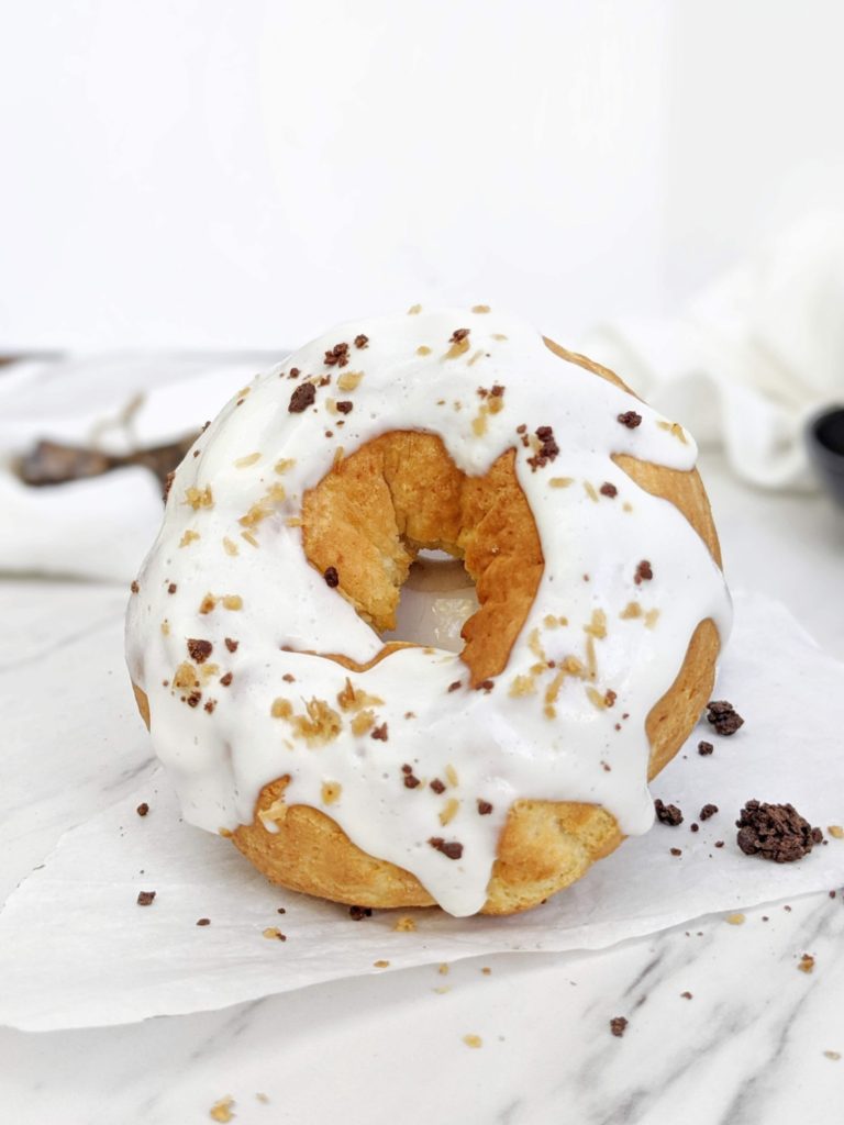 A big and beautiful Single Serve Protein Donut for one made in the air fryer or baked in the oven. Sweetened with protein powder, this healthy single serving donut is a great sugar free dessert, breakfast or post workout treat. Gluten free too!