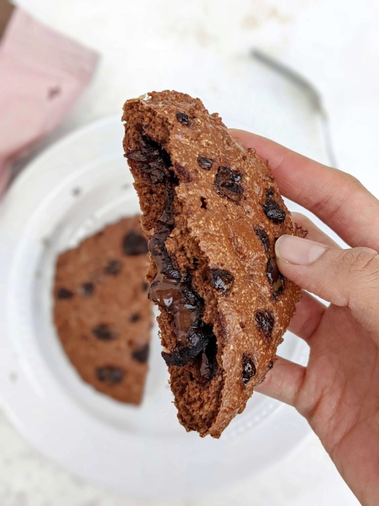 A supreme Triple Fudge Air Fryer Chocolate Protein Cookie with a gooey molten chocolate center! Made with triple fudge chocolate protein powder this air fryer protein cookie is rich and indulgent, but still gluten free, sugar free and Vegan!